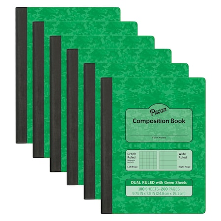 Pacon Dual Ruled Composition Book, Green, 1/4 in grid + Wide-Ruled, 9-3/4in. x 7-1/2in., 100 Sheets, 6PK PMMK37162